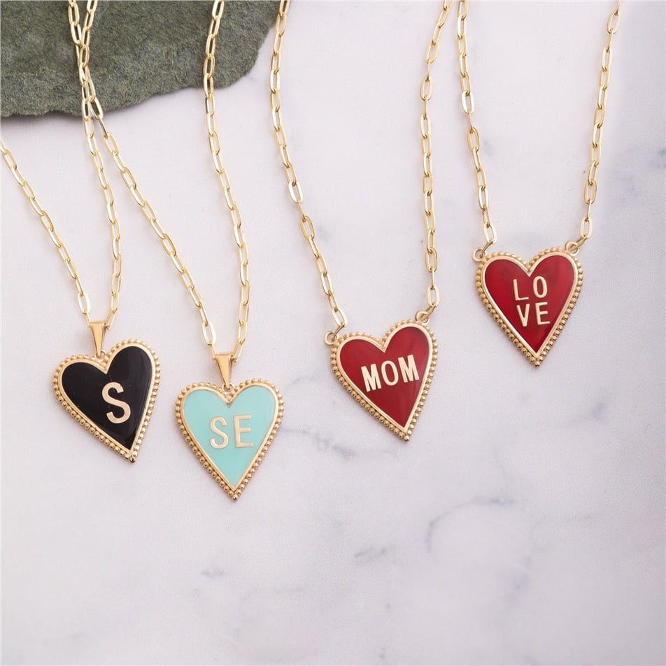 Solid Gold Letter Enamel Heart Pendant