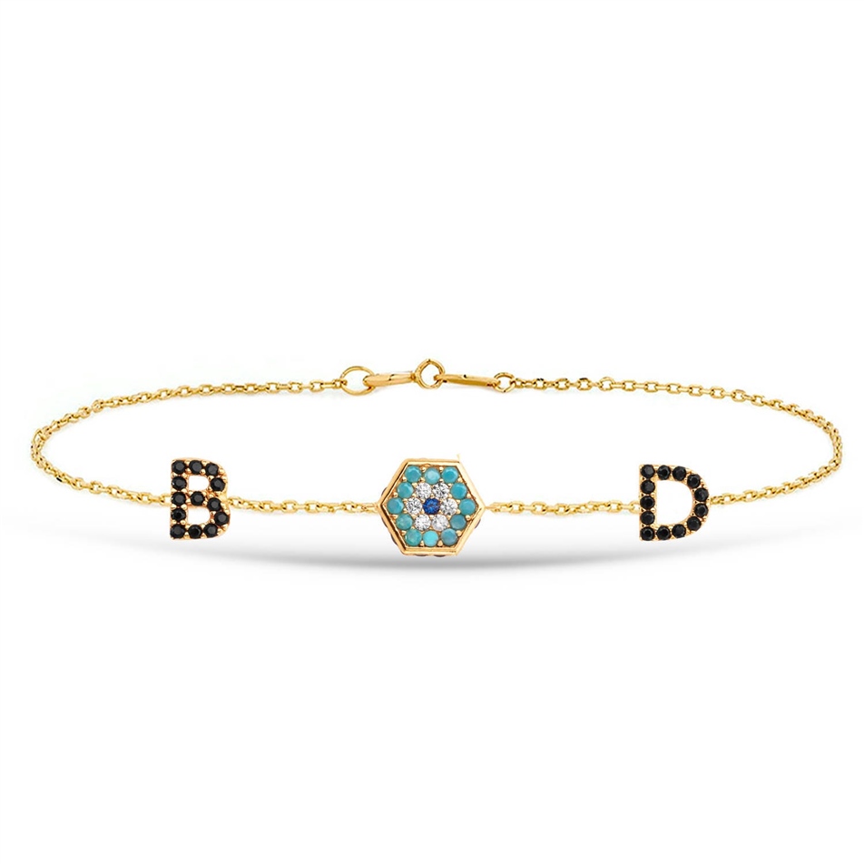 Solid Gold Evil Eye Initials Bracelet