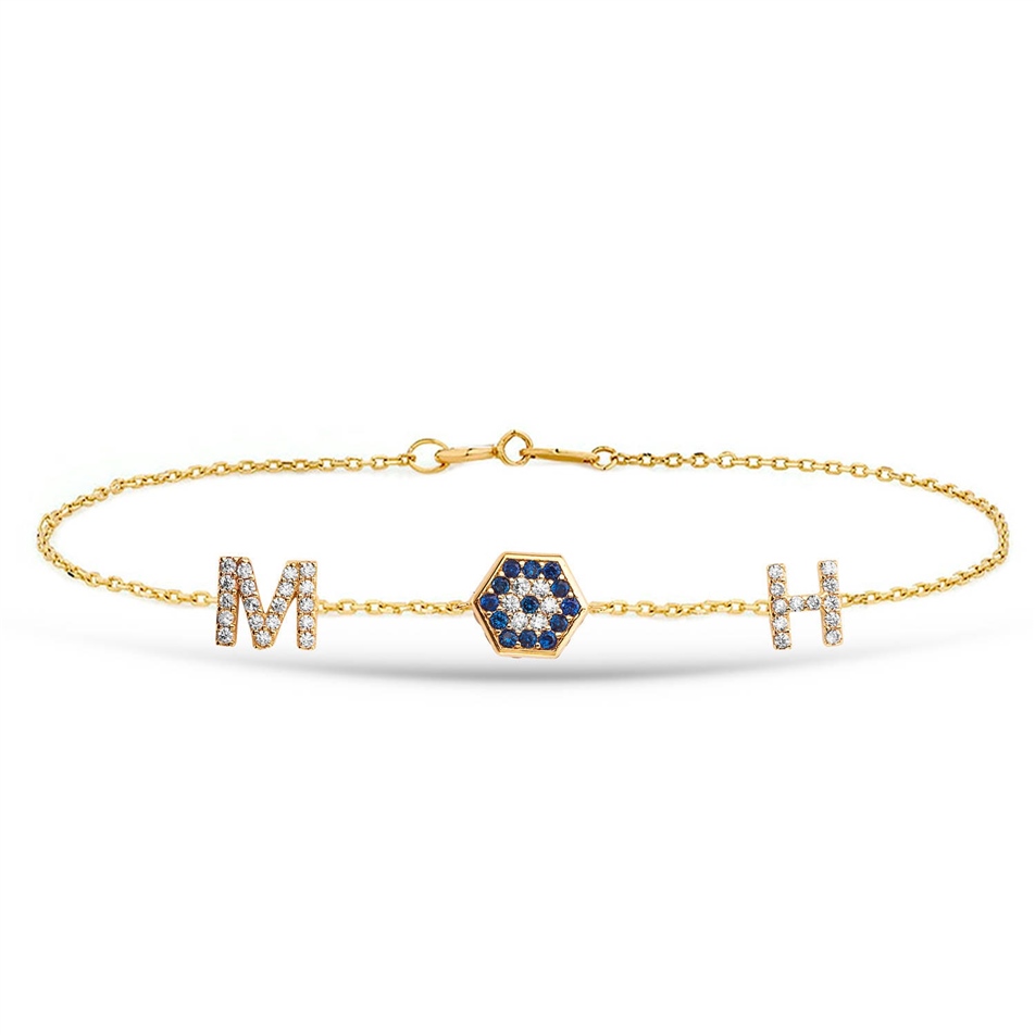 Solid Gold Evil Eye Initials Bracelet