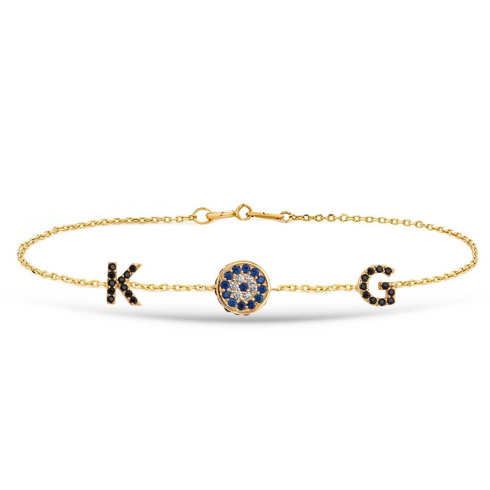 Solid Gold Evil Eye Initials Bracelet
