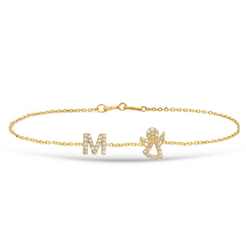 Solid Gold Initial Angel Bracelet