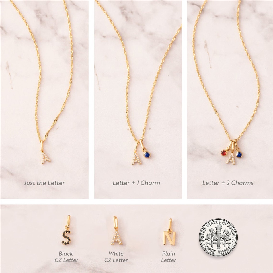 Solid Gold Letter Birthstone Charm Necklace