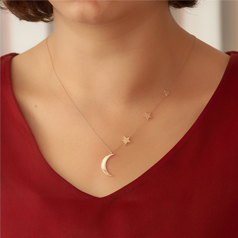 Solid Gold Crescent Moon and 3 Stars Necklace