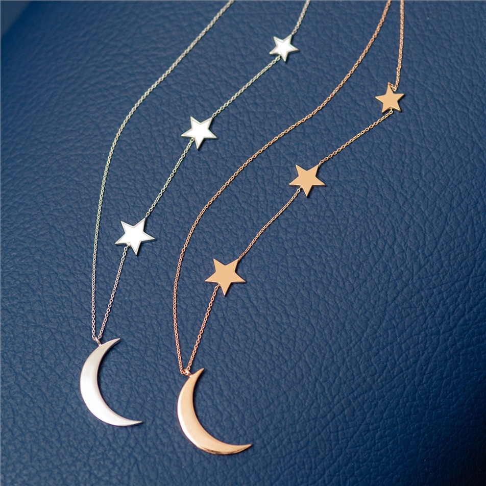 Solid Gold Crescent Moon and 3 Stars Necklace