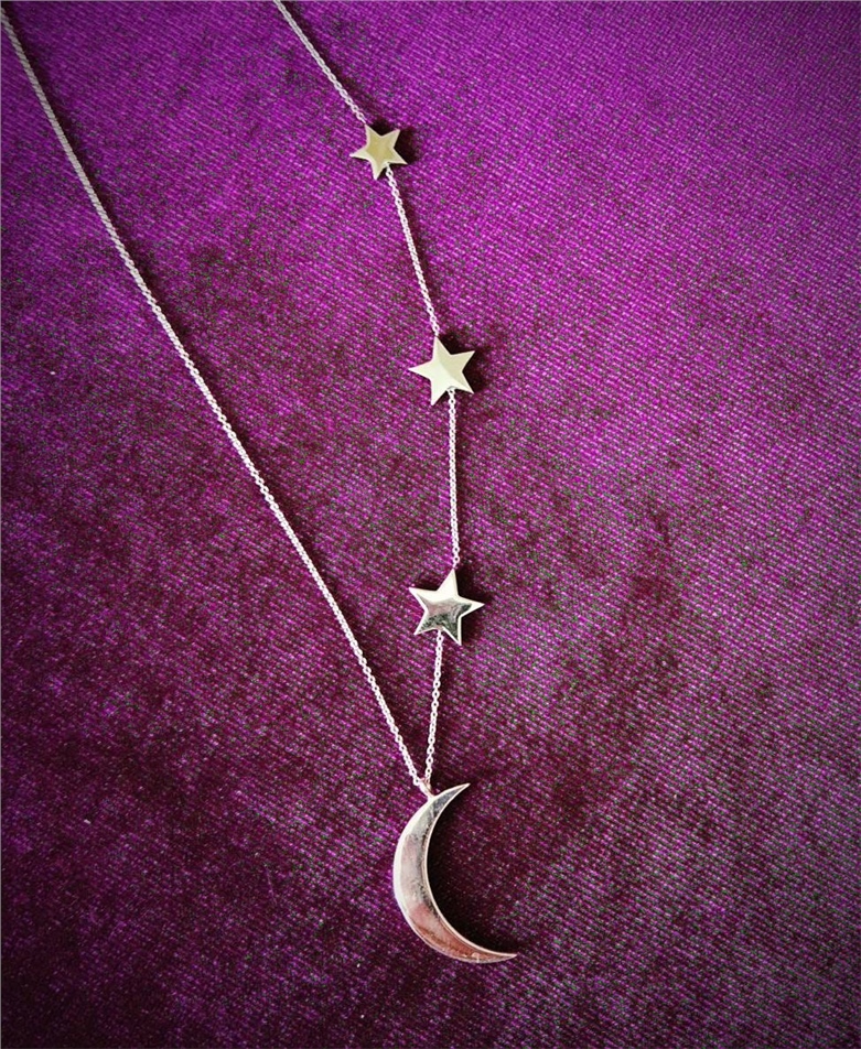 Solid Gold Crescent Moon and 3 Stars Necklace