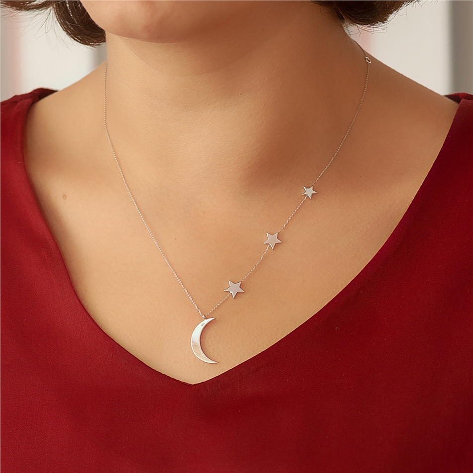 Solid Gold Crescent Moon and 3 Stars Necklace