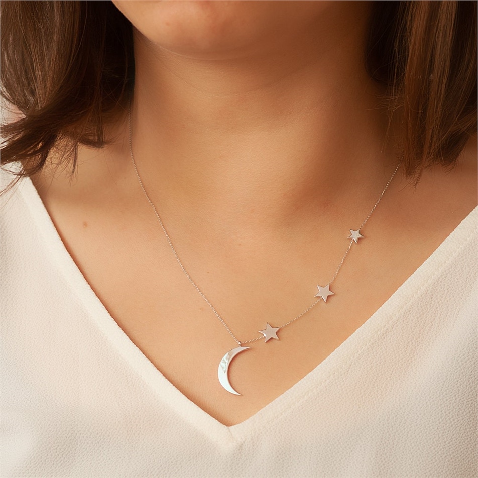 Solid Gold Crescent Moon and 3 Stars Necklace