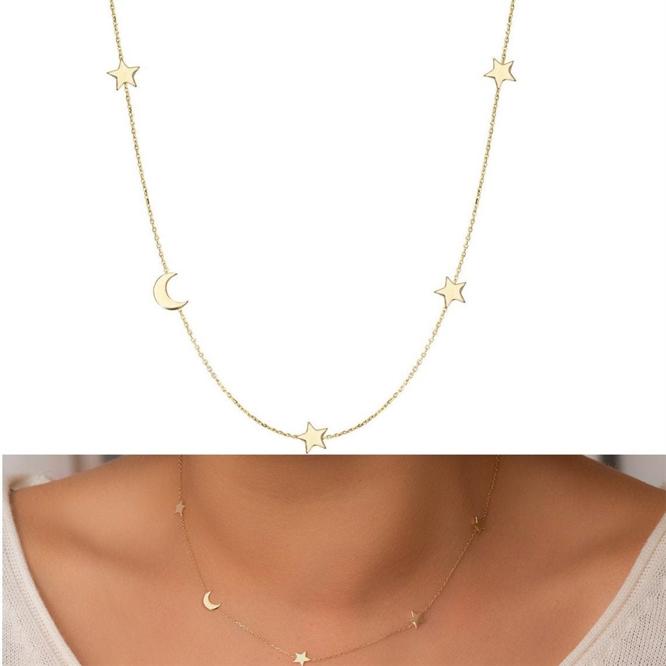 Solid Gold Sideways Moon Star Necklace