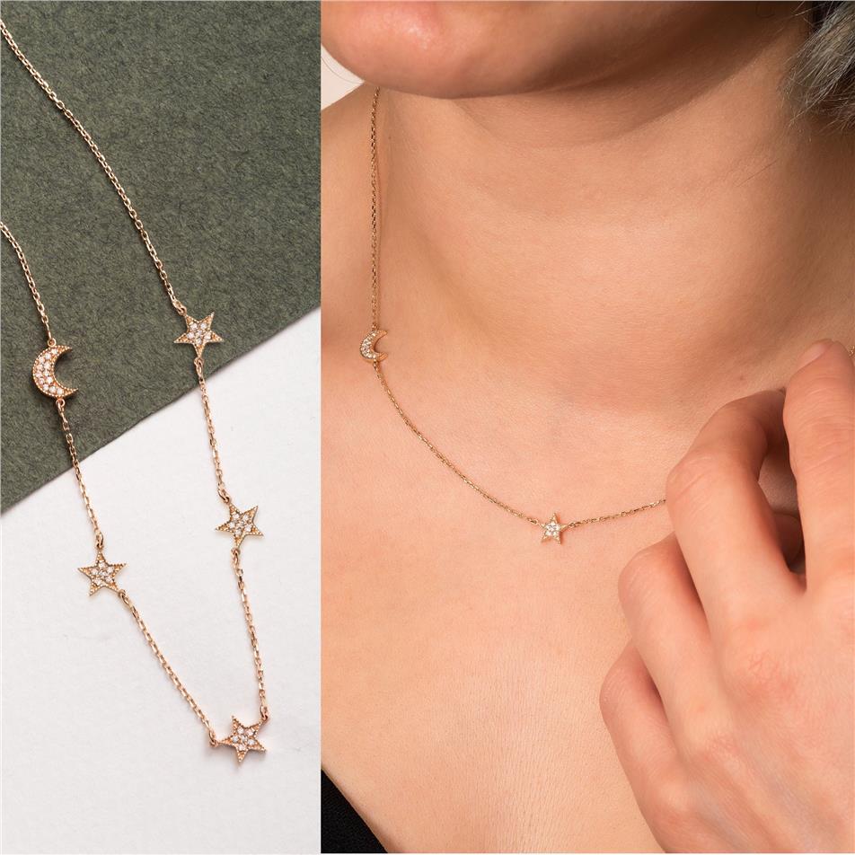 Solid Gold Diamond Moon Star Necklace