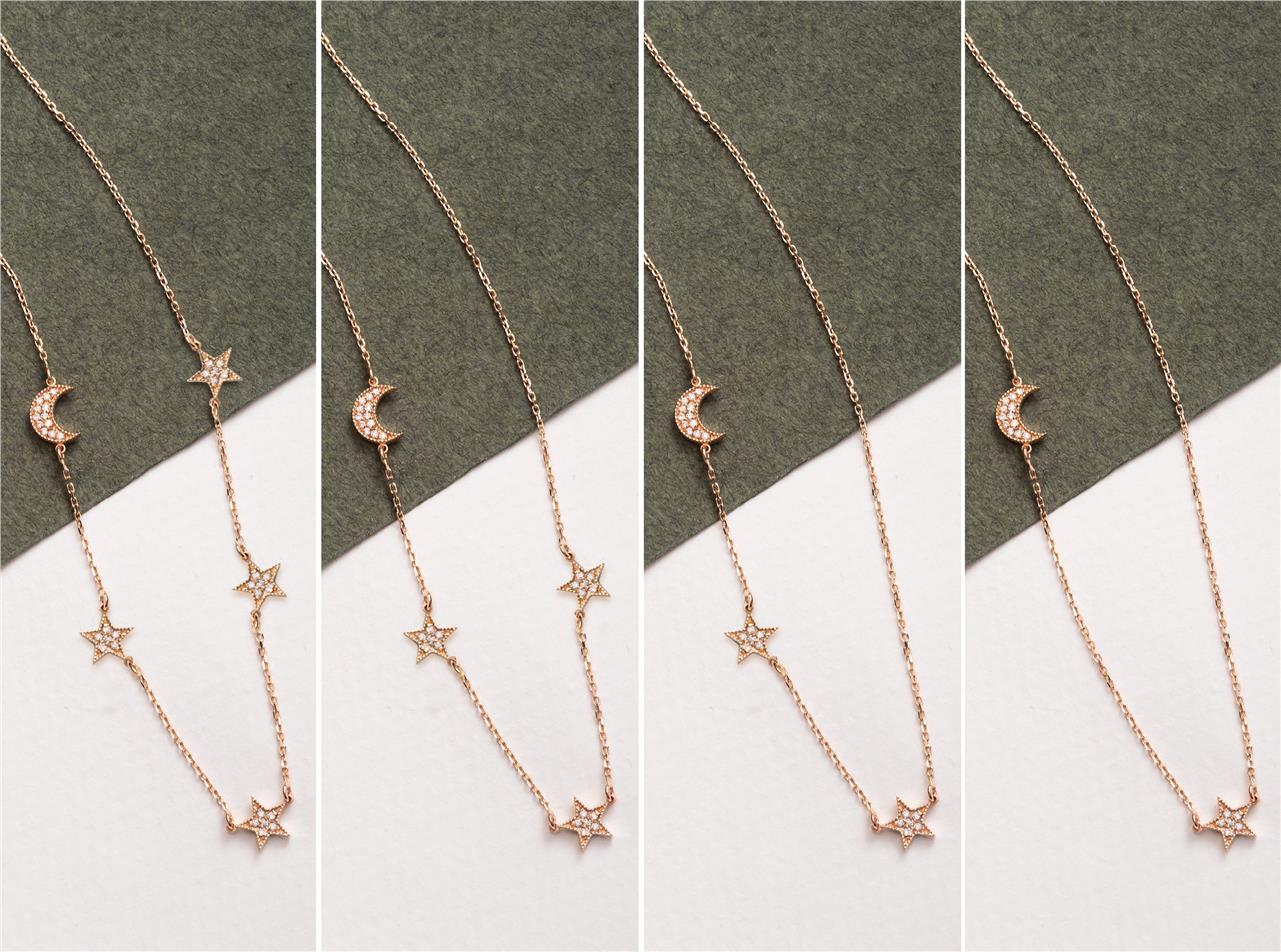 Solid Gold Diamond Moon Star Necklace