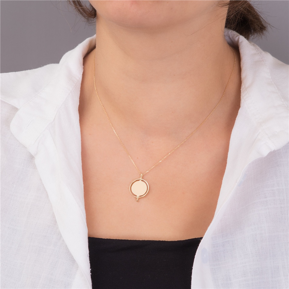 Solid Gold Engrave Spinning Disk Necklace