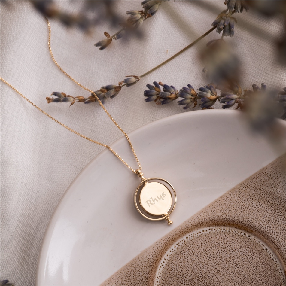 Solid Gold Engrave Spinning Disk Necklace