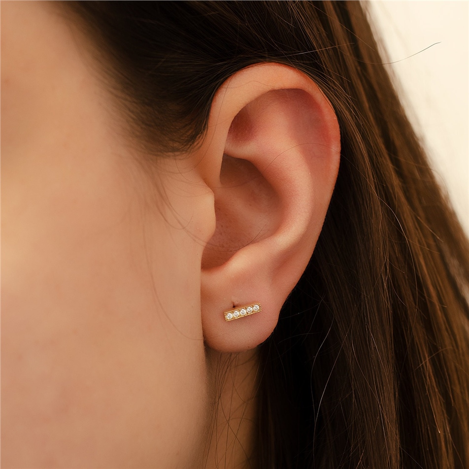 Solid Gold Diamond Bar Stud Earrings