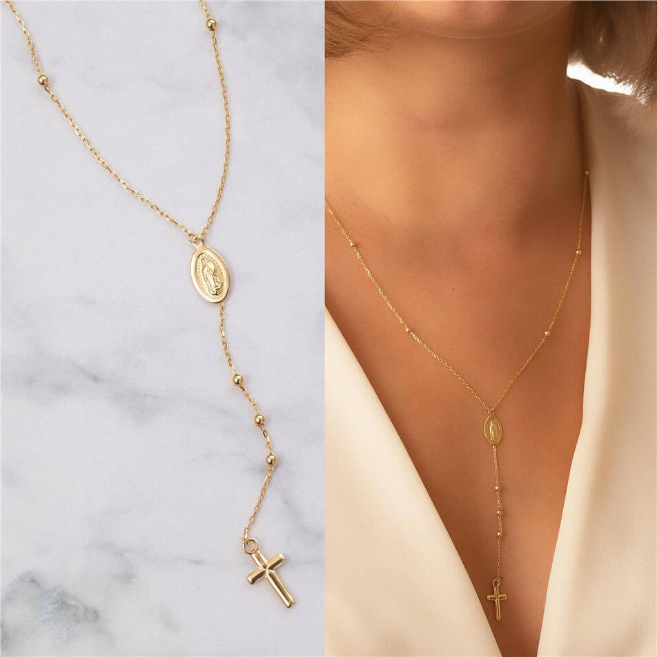 Solid Gold Catholic Rosary Lariat Necklace