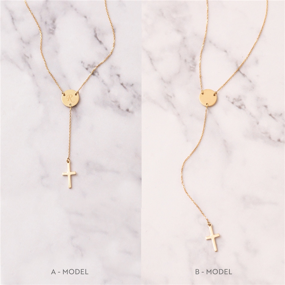 Solid Gold Cross Lariat Necklace