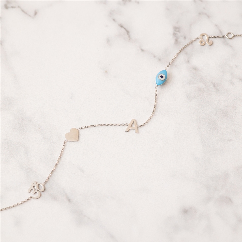 Solid Gold Letter and Evil Eye Bracelet