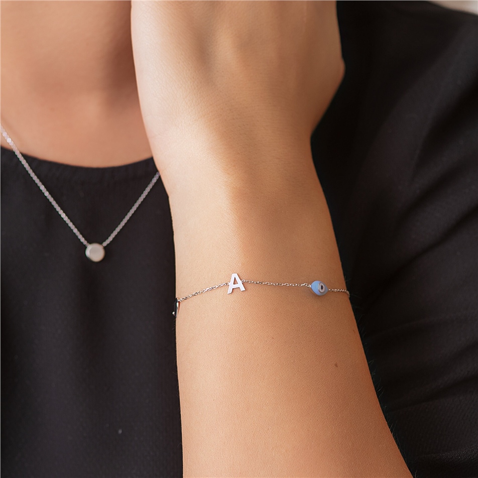Solid Gold Letter and Evil Eye Bracelet