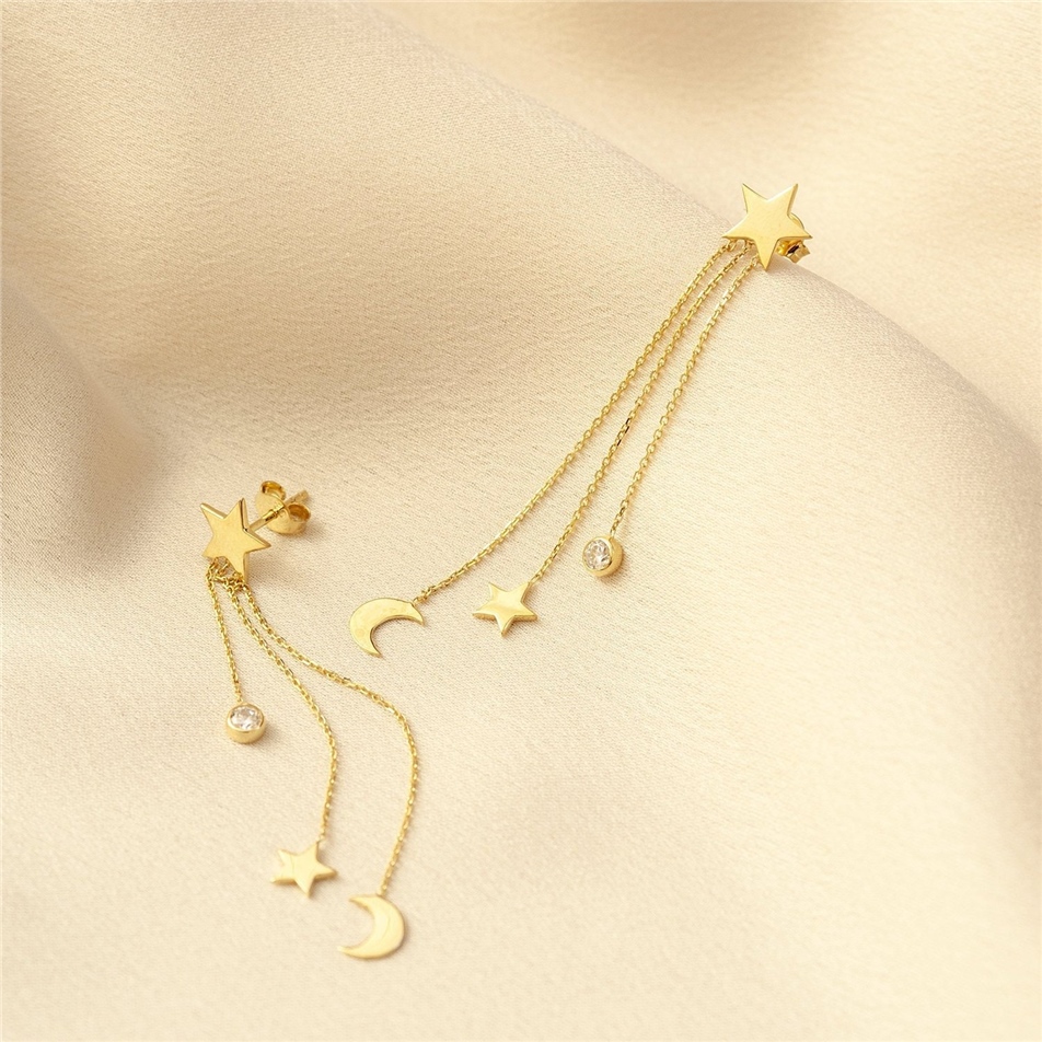 Solid Gold Dangle Moon Star Chain Earrings