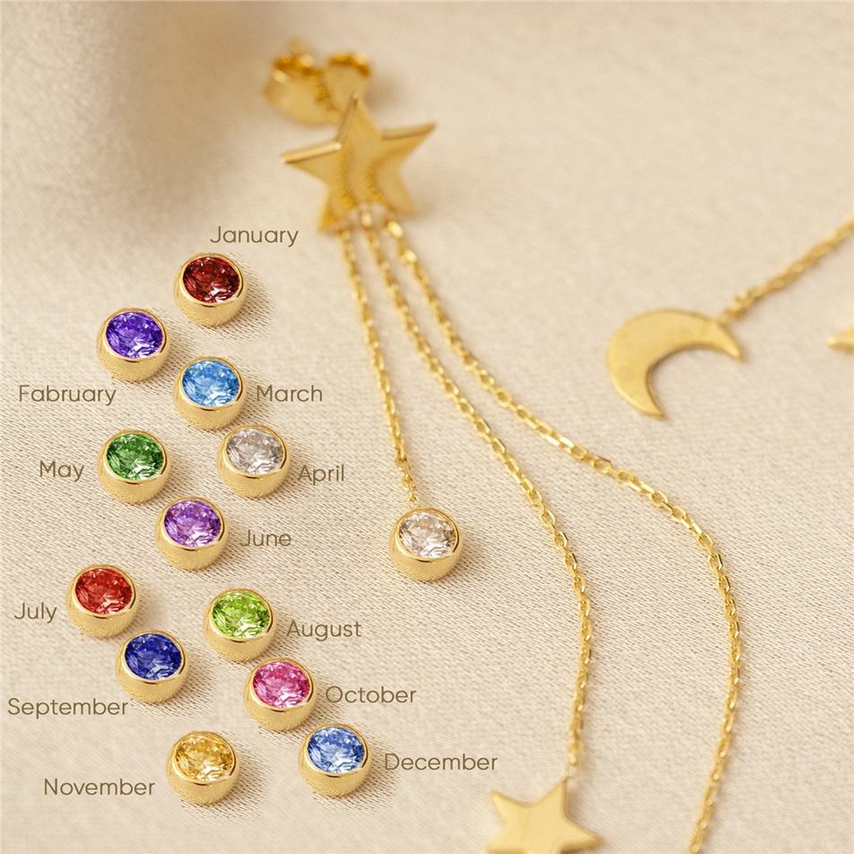 Solid Gold Dangle Moon Star Chain Earrings