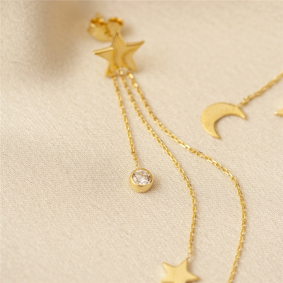 Solid Gold Dangle Moon Star Chain Earrings
