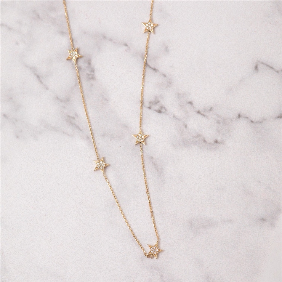 Solid Gold Diamond Stars Necklace