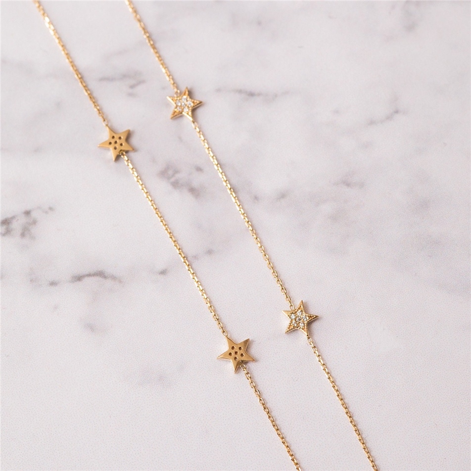Solid Gold Diamond Stars Necklace