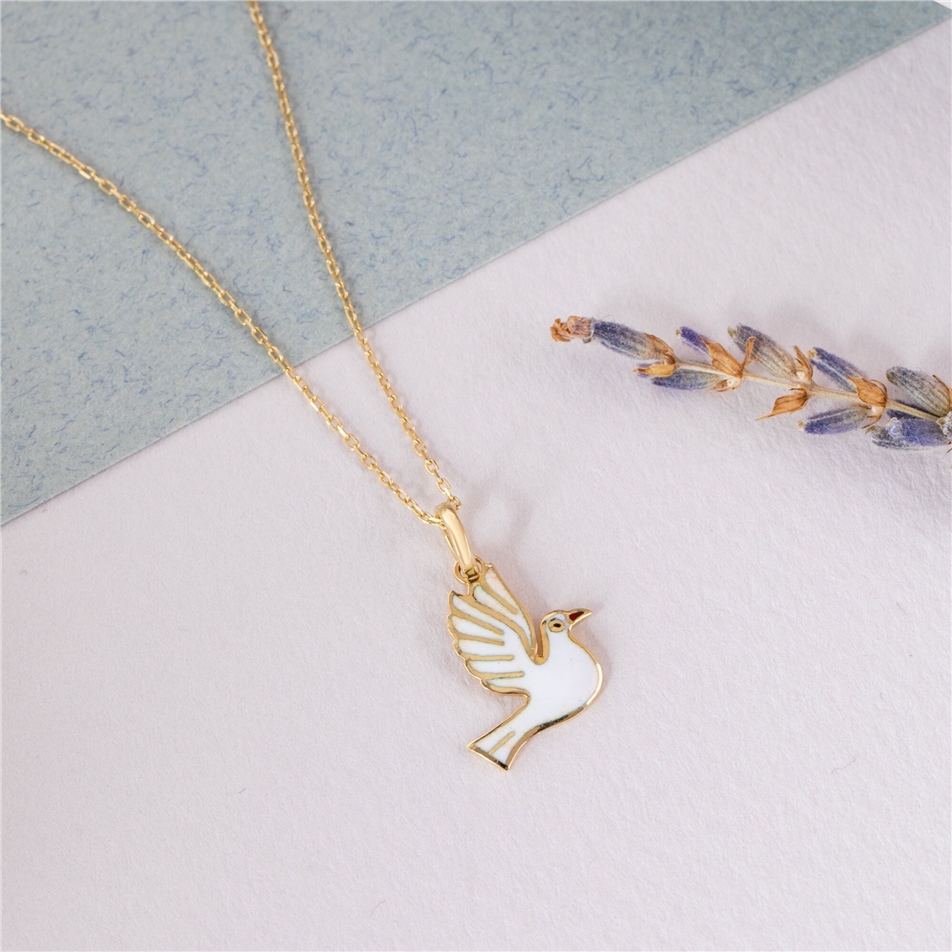 Solid Gold White Dove Necklace