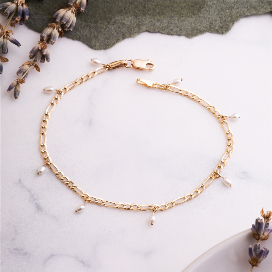 Solid Gold Figaro Chain Pearl Bracelet 