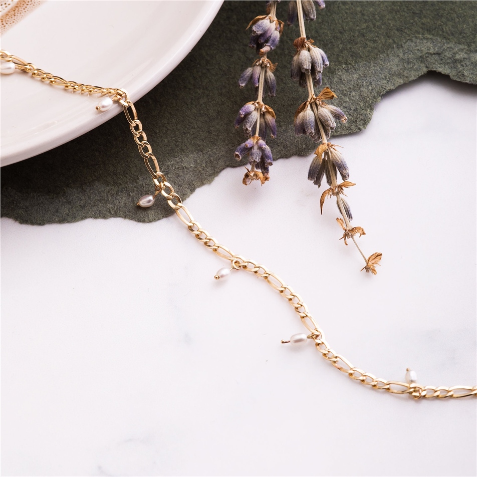 Solid Gold Figaro Chain Pearl Bracelet 