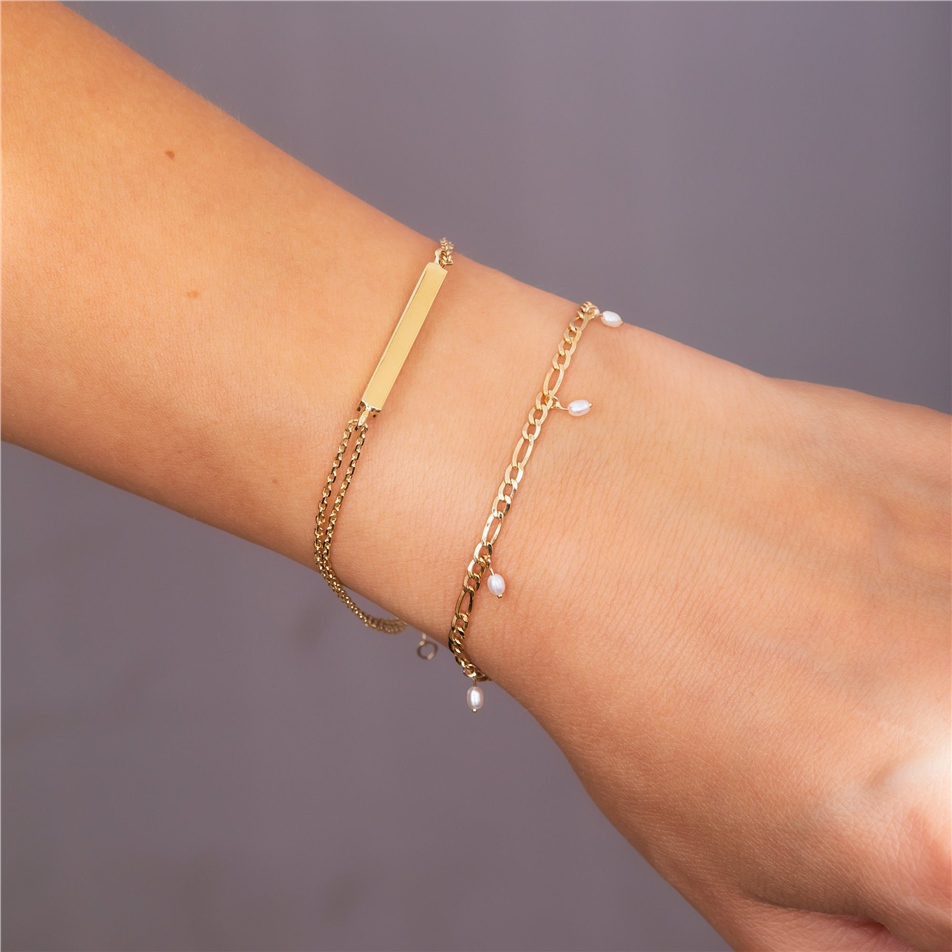 Solid Gold Figaro Chain Pearl Bracelet 