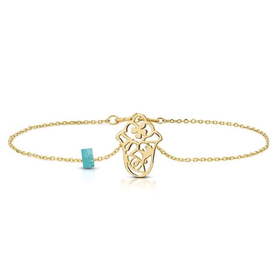 Solid Gold Hamsa Bracelet with Turquoise