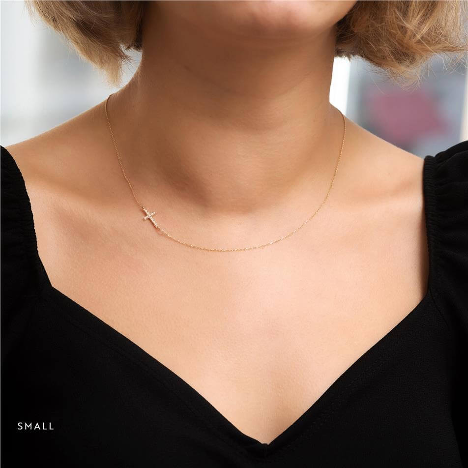 Solid Gold Handmade Sideways Cross Necklace
