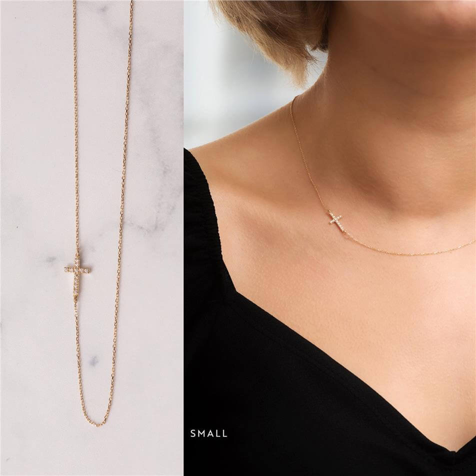 Solid Gold Handmade Sideways Cross Necklace