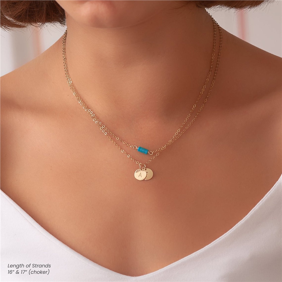Solid Gold Layered Initial and Turquoise Necklace