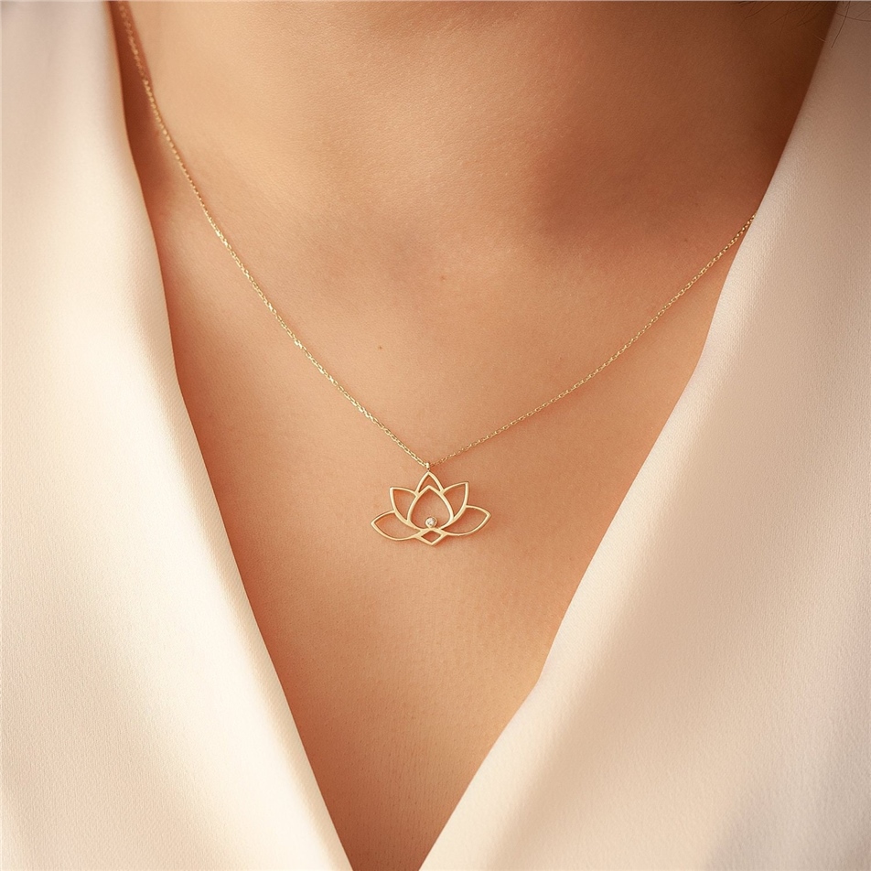 Solid Gold Lotus Diamond Necklace