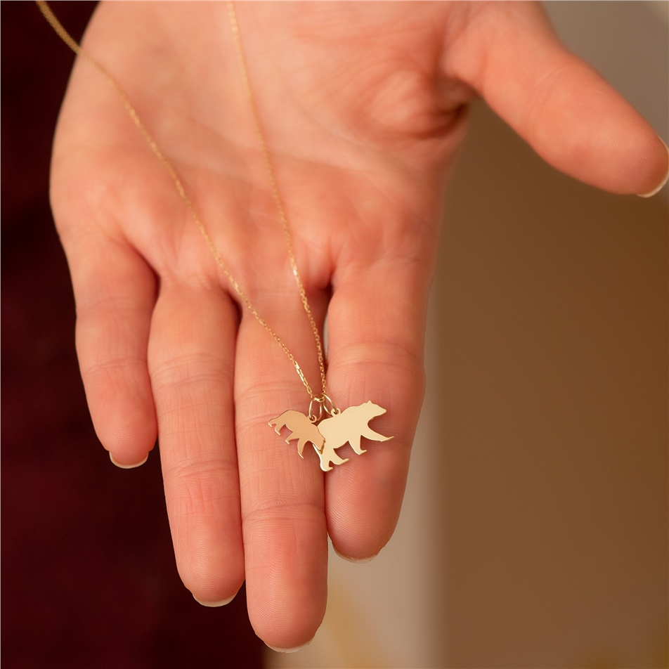 Solid Gold Mama and Baby Bear Necklace