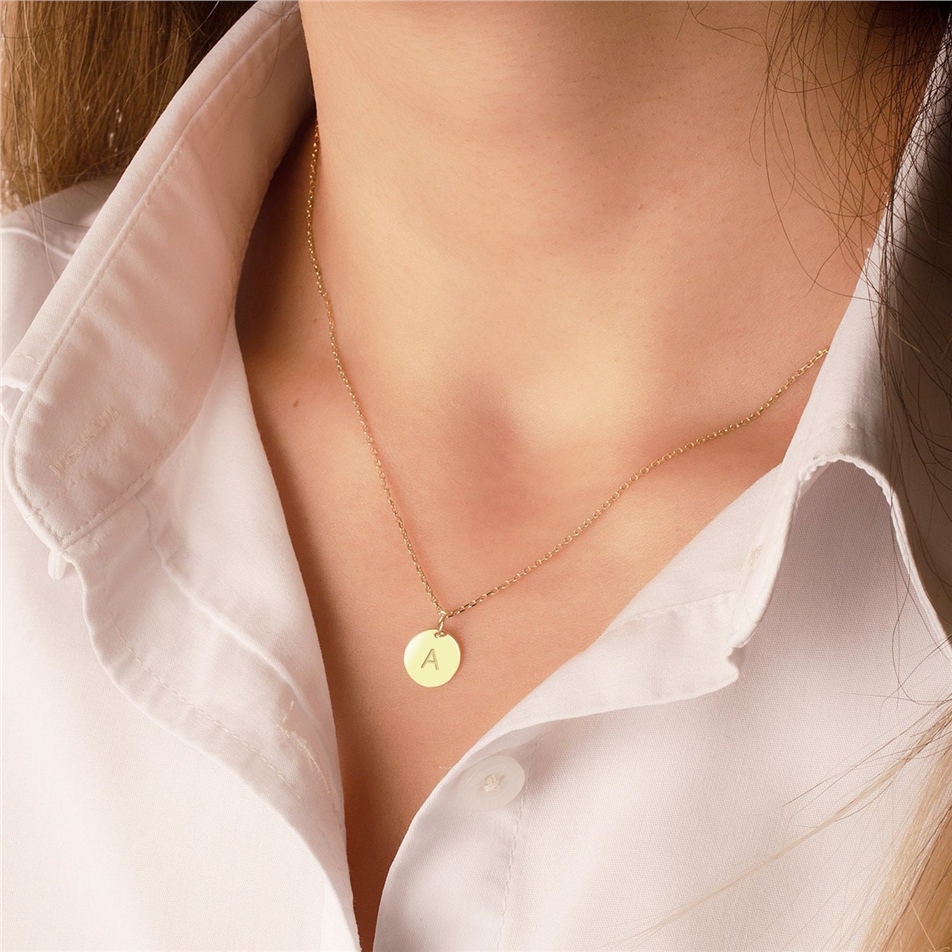 Solid Gold Minimal Initial Disk Necklace
