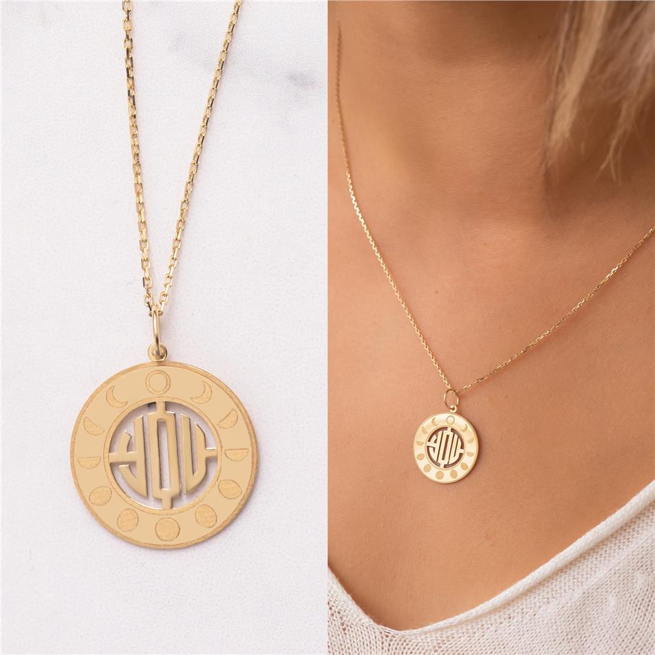 Solid Gold Moon Phase Monogram Necklace