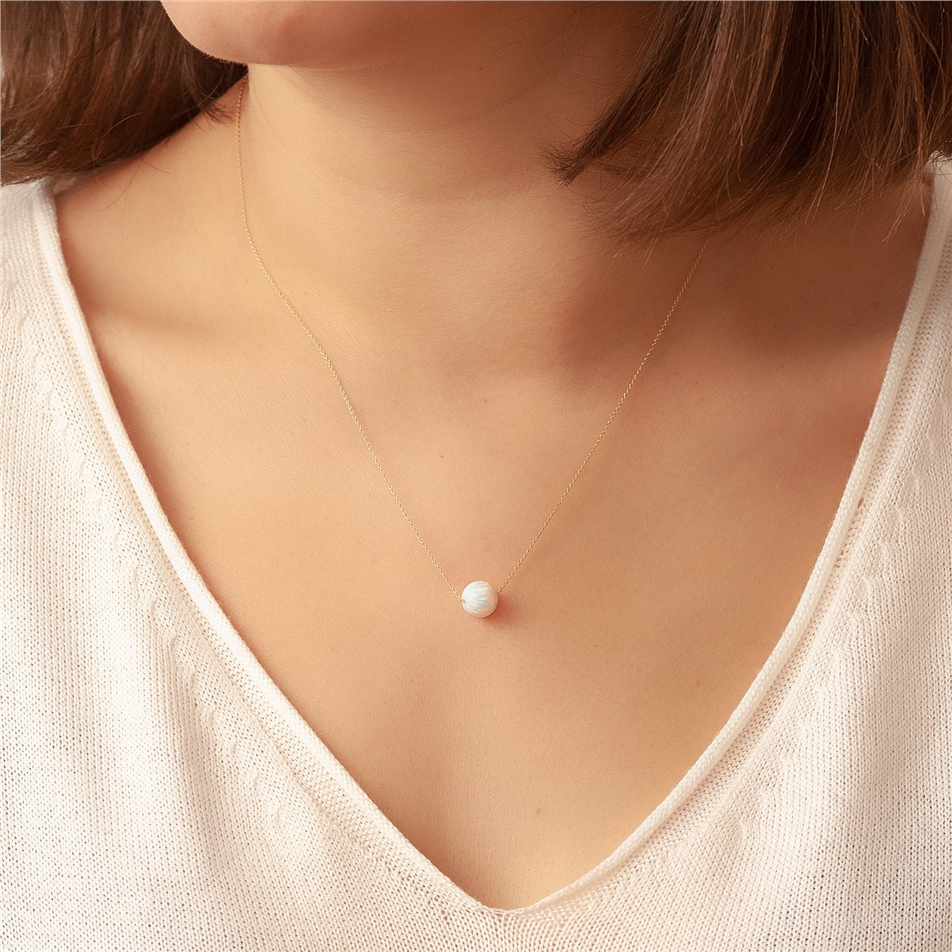 Solid Gold White Opal Ball Necklace