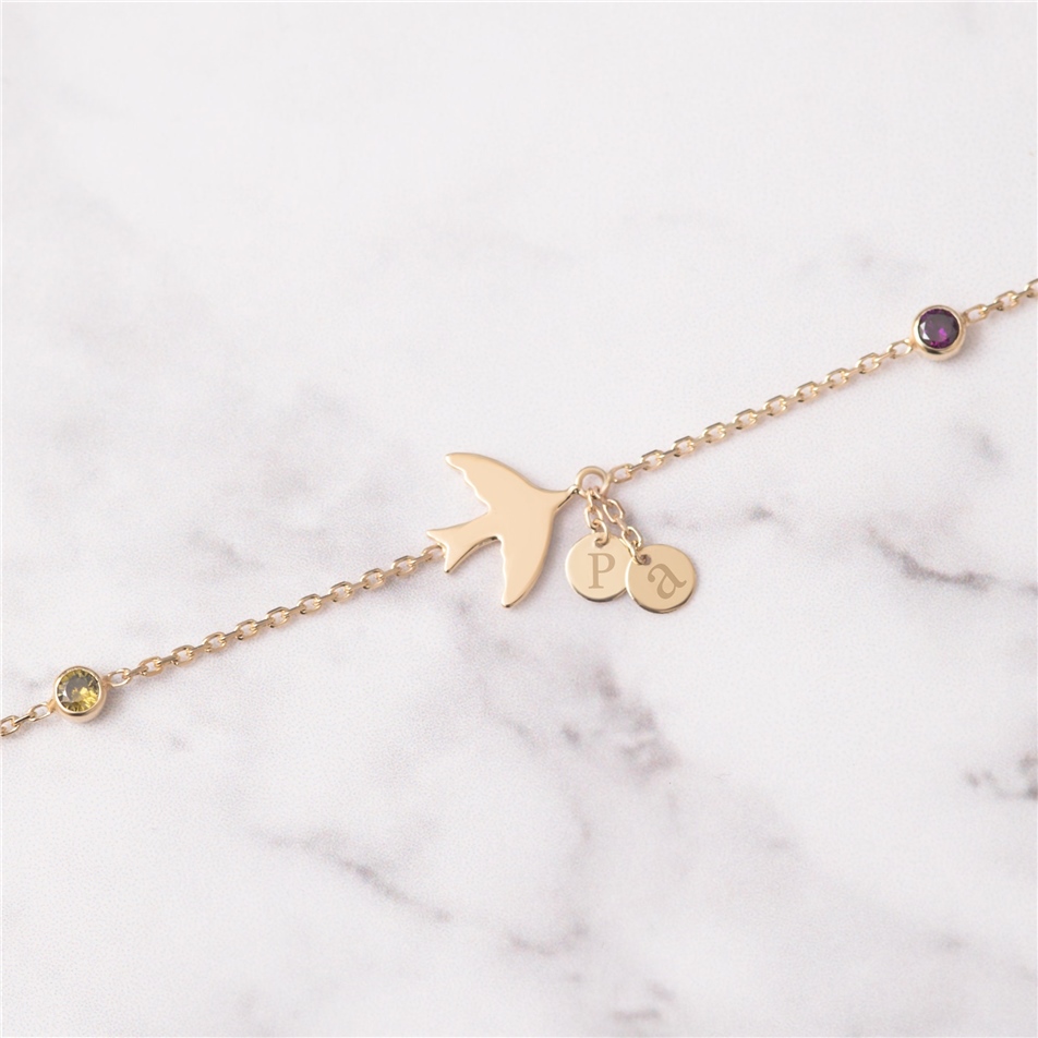 Solid Gold Initial Disc Bird Bracelet
