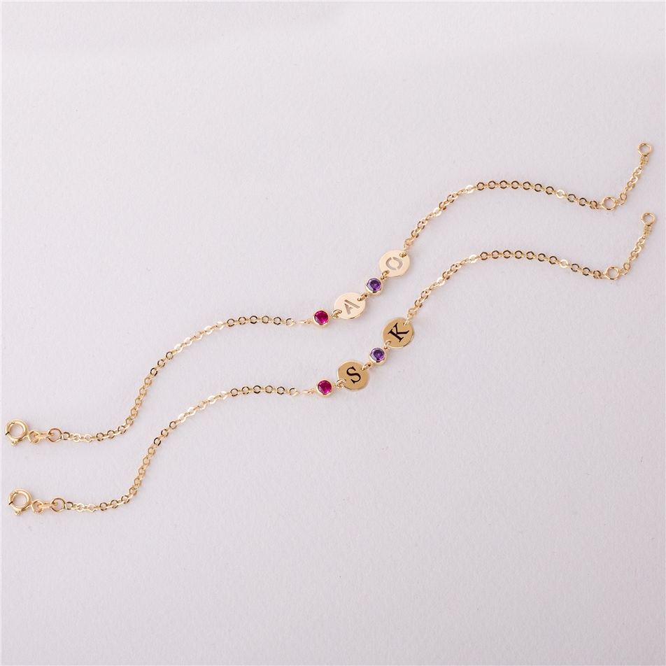 Solid Gold Birthstone & Initial Disc Bracelet
