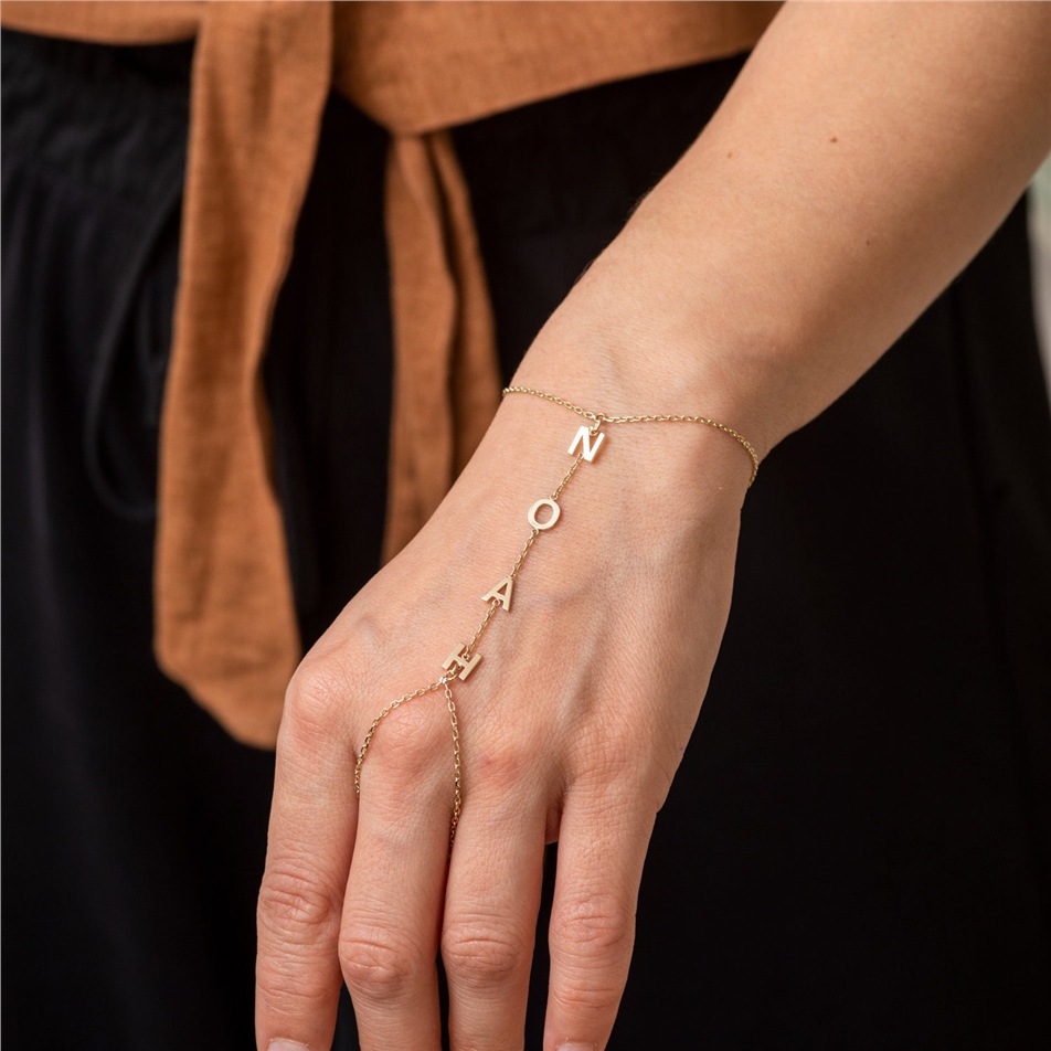 Solid Gold Initial Hand Chain Bracelet
