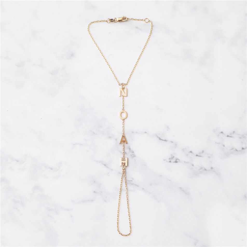 Solid Gold Initial Hand Chain Bracelet
