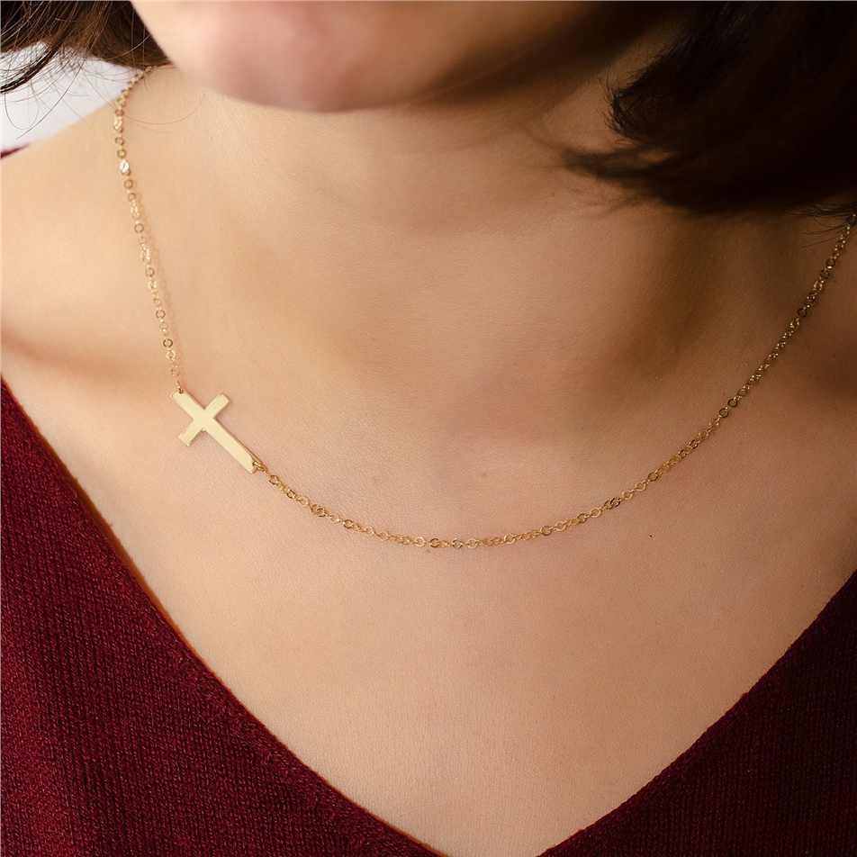 Solid Gold Cross Sideways Necklace