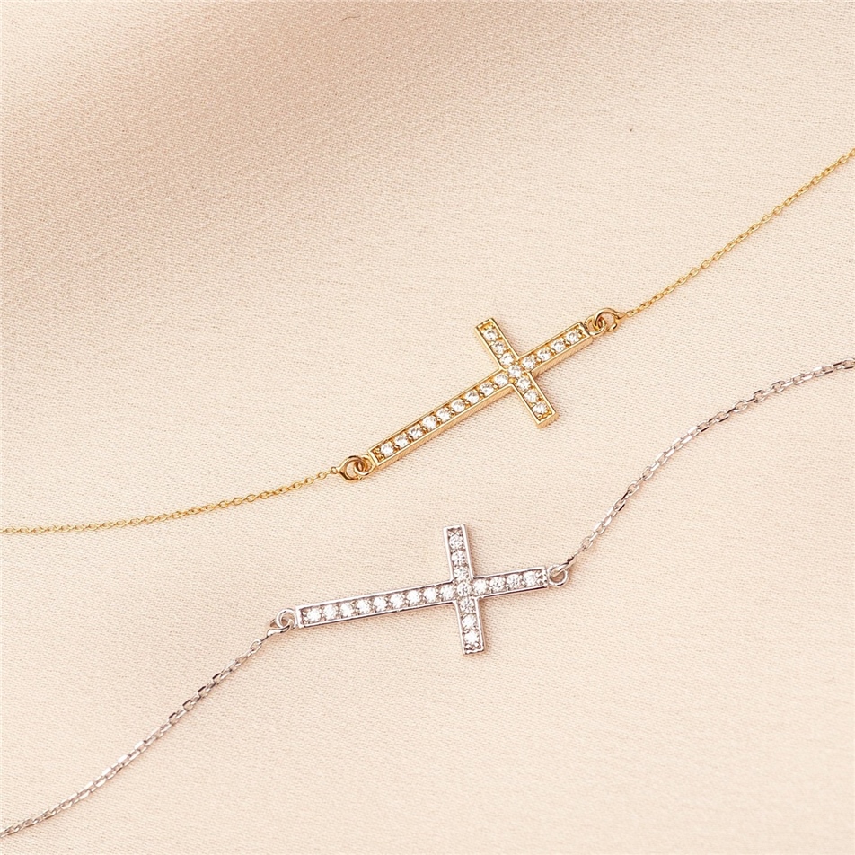 Solid Gold Sideways Cross Bracelet