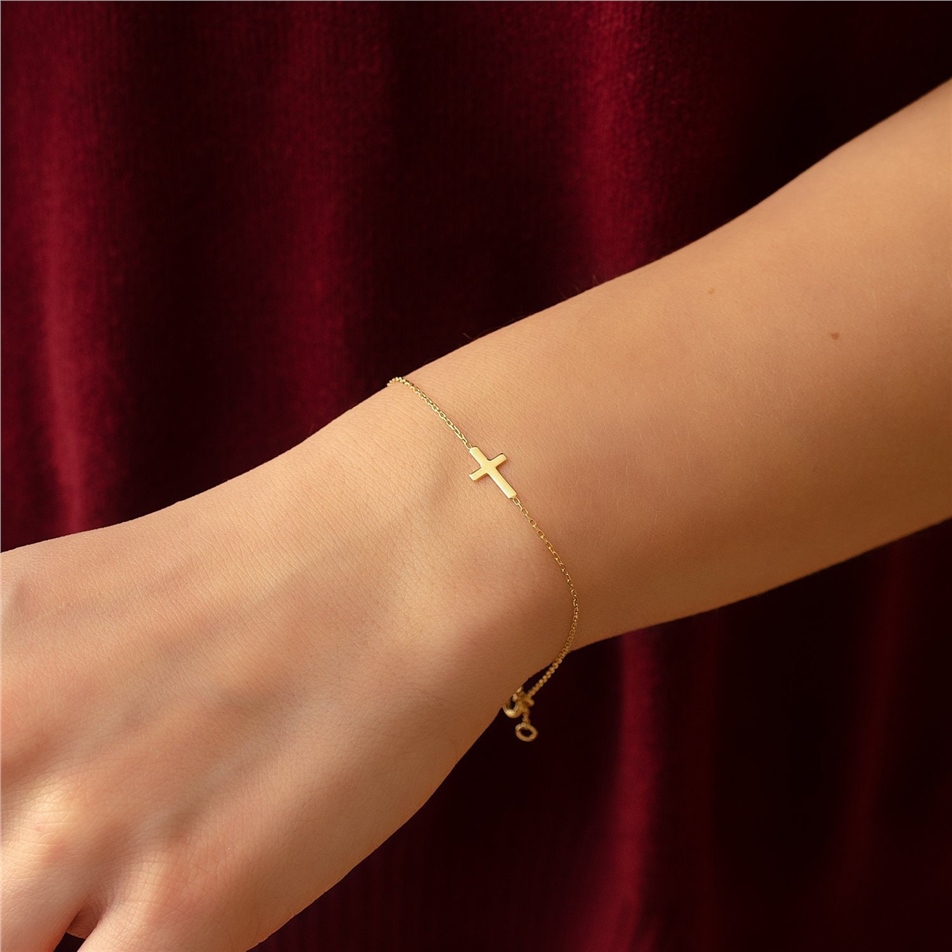 Solid Gold Sideways Cross Bracelet