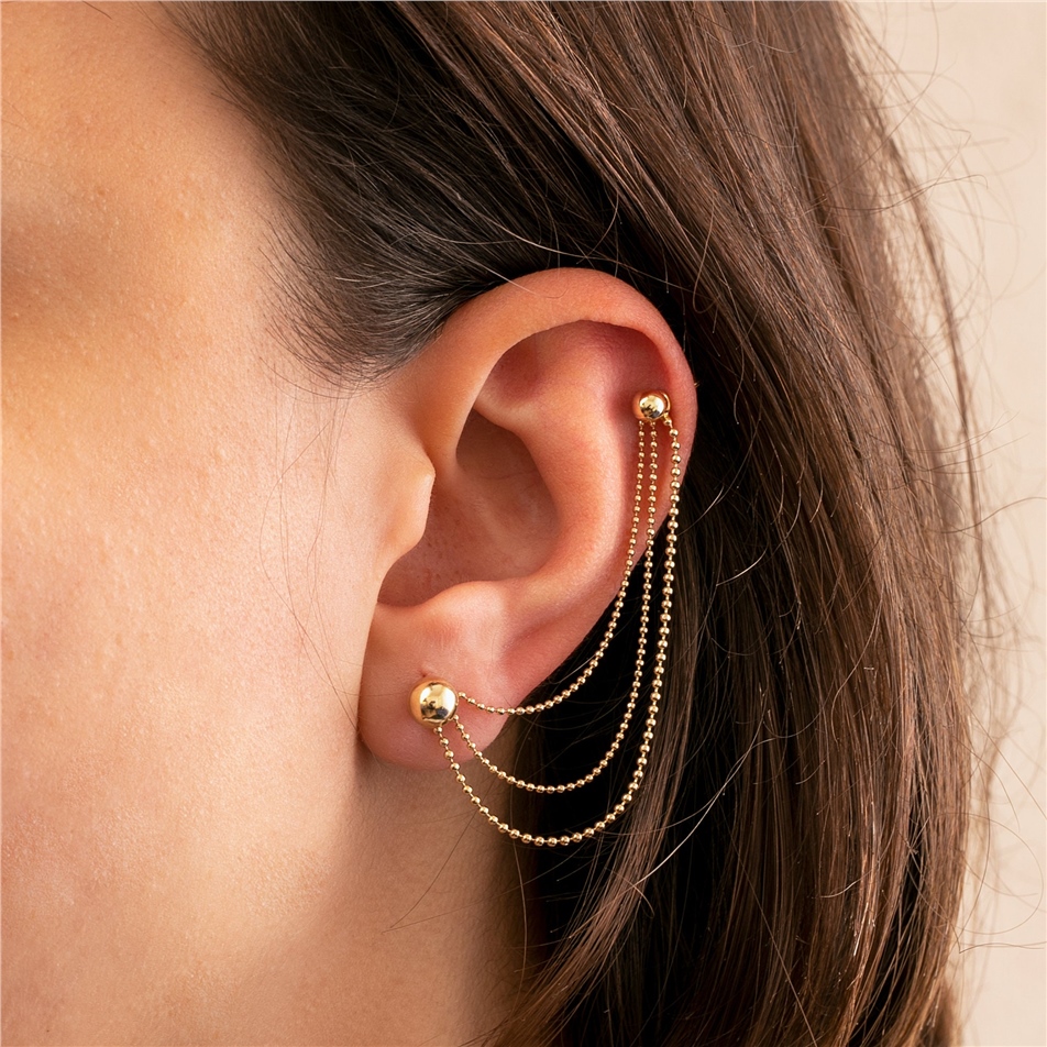Solid Gold Triple Double Chain Earring