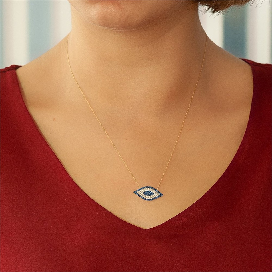 Solid Gold Cubic Zirconia Evil Eye Necklace
