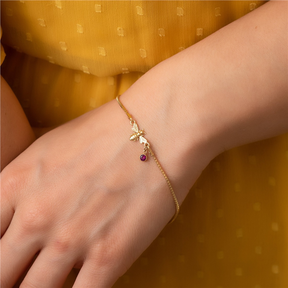 Solid Gold Bee and Birthstone Bracelet