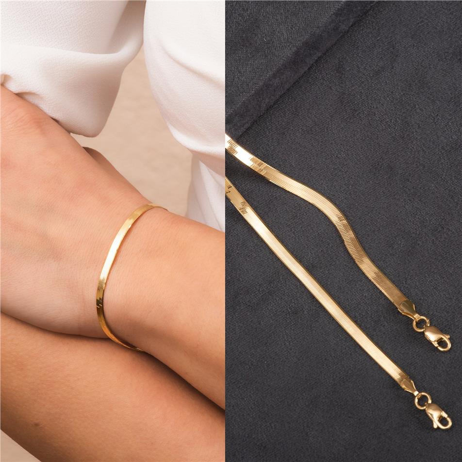 Solid Gold Flat Herringbone Chain Bracelet